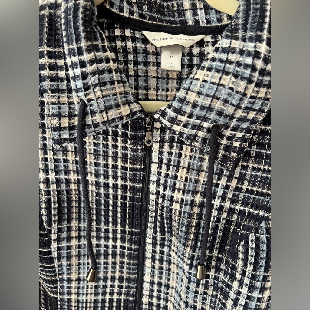 Christopher & Banks Nwt Zip Jacket Lightweight M Womens Navy White Plaid Waffle — image 2 of 8
